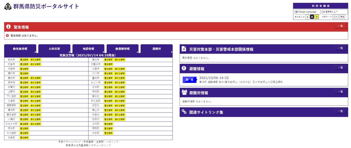 「群馬県防災ポータルサイト」画面画像